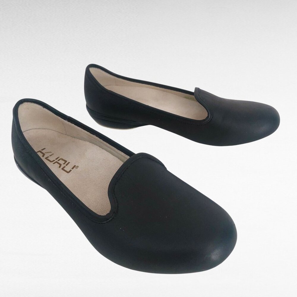 KURU Black Leather Comfort Flats Size 8.5 TRINA Work Shoes Cushioned Stylish EUC - Picture 2 of 12